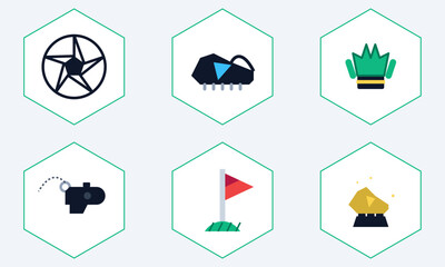 Hand-drawn set of football icons featuring a ball, cleat, glove, whistle, flag, and golden trophy award authentic illustration © adobestockaiphotos