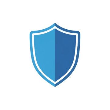 Minimalist blue shield icon with a vertical bisection showing two shades of blue and white inner outline border, isolated on white background for security and protection concepts.