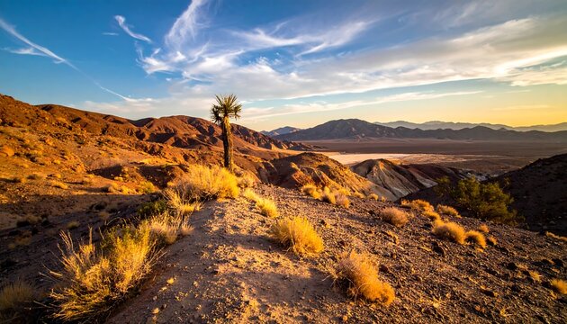A desert landscape captured at sunset, featuring rolling hills, a lone tree, and distant mountains under a vibrant sky. The terrain is rugged