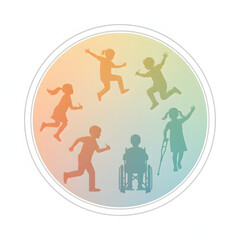 Obraz premium Vibrant illustration symbolizing a diverse group of children joyfully interacting, promoting inclusive play and community support for kids of all abilities