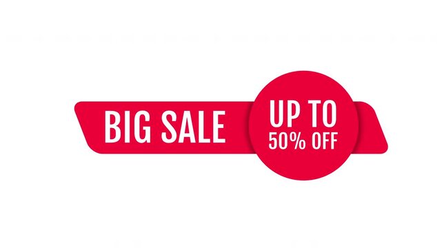 Animated 4K Big Sale up to 50% off badge on white background, bold red parallelogram and circle label pop-in for stories and e-commerce promos