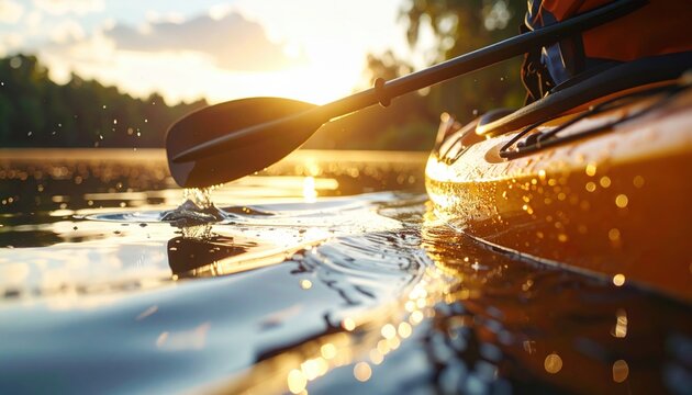 Golden sunset illuminates a kayak paddle slicing through calm river water, creating a tranquil outdoor adventure scene.