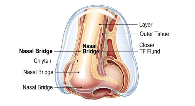 Detailed frontal cross‑section of the human nose emphasizing the nasal bridge, cartilage framework and layered soft tissues, illustrating structural support, external contour and clinical landmarks us