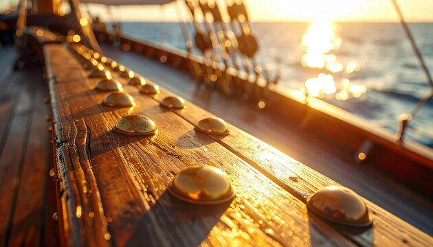 Close-up of polished copper rivets on weathered wooden deck of a sailing ship at sunset