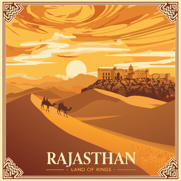 Vibrant Rajasthan India Desert Travel Poster with Sand Dunes Camels and Golden Sunset - Vector Art