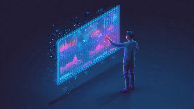 Businessman analyzing financial data on a futuristic holographic display board