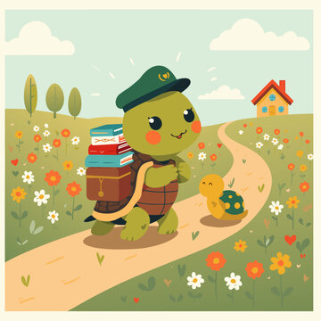Cute Kawaii Turtle Student Carrying Books Walking to School in Flower Field - Vector Illustration