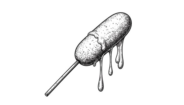 Detailed monochrome illustration. A corn dog, on a stick, with a dripping sauce, rendered using dot shading
