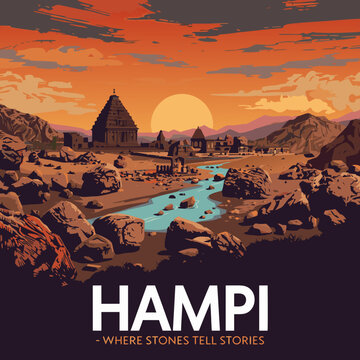 Vintage Hampi India Travel Poster with Ancient Ruins Desert Landscape at Sunset - Vector Art