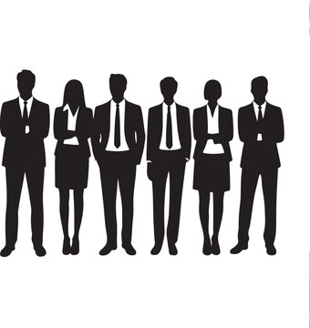 Vector silhouettes of men and a women, a group of standing business people, black and white color isolated on white background