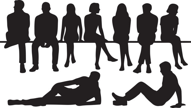 Vector silhouettes of men, women and teenagers, a group of sitting on a bench business people, profile, black color isolated on white background