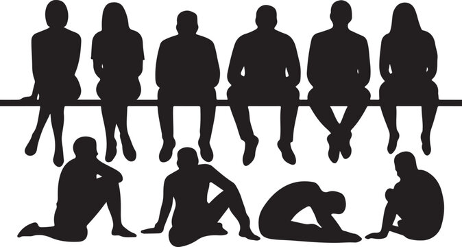 Vector silhouettes of men, women and teenagers, a group of sitting on a bench business people, profile, black color isolated on white background