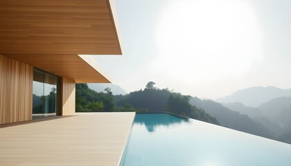 Fototapeta premium A serene modern house with a large infinity pool overlooking mountains and trees under a sunny sky.