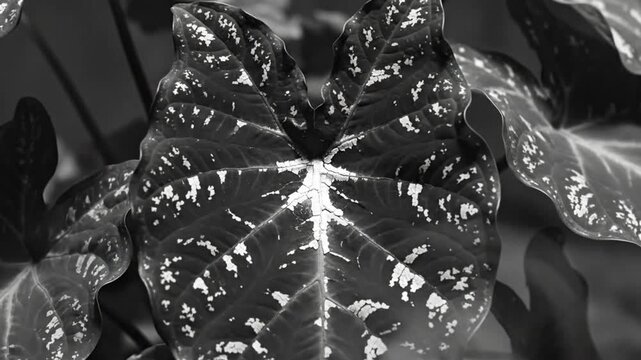 Black and white close up of a beautiful caladium leaf with a white pattern and veins in natural lighting