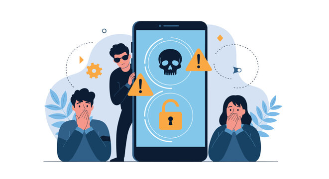 People feeling worried about mobile phone security threats with skull icon and hacker character peeking from behind.