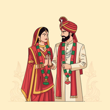 Vector illustration of a Hindu wedding couple with the bride in a red saree and the groom in a cream sherwani and red turban, both wearing floral garlands on a beige background.