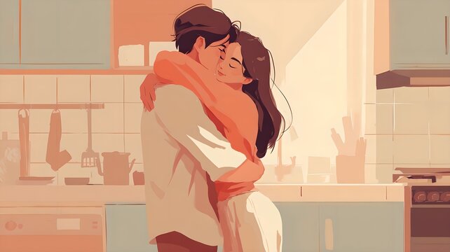 Couple sharing a warm embrace at home, symbol of a happy life together