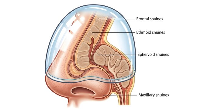 Cutaway sagittal illustration of the human nose and paranasal sinuses, clearly labeling frontal, ethmoid, sphenoid and maxillary sinus cavities to explain sinus anatomy, drainage pathways, airflow and