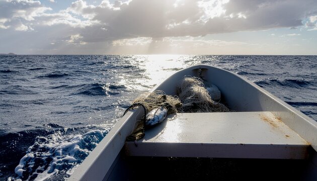 Boat sails through ocean waves under sunny cloudy sky with fishing net
