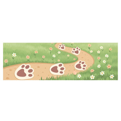 Obraz premium Panoramic vector illustration of a winding dirt path through a green grass meadow filled with wildflowers and featuring several large brown and white animal paw prints along the trail.