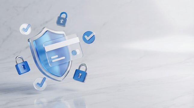 Digital transaction security concept with golden shield and checkmark on futuristic HUD