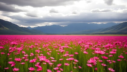 Obraz premium A serene landscape of pink flowers swaying gently in a lush green field with majestic mountains under a cloudy sky