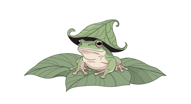 Cute green tree frog sitting on large leaf and wearing another small leaf like a hat in natural forest environment.