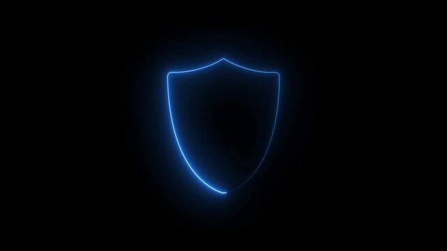 Blue Neon Shield Outline on Black Background security.4k motion video..