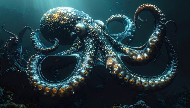 A Majestic Kraken Emerges from the Deep Ocean, Its Gleaming Tentacles and Bioluminescent Patterns Captivating the Viewer
