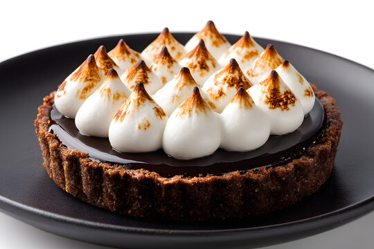 Individual Flawlessly Constructed Smores Tartlet Served on a Black Plate with Beautifully Toasted Meringue Peaks