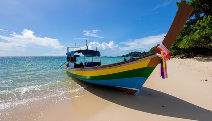 Naklejka premium Traditional wooden longtail boat resting on a sandy tropical beach shore