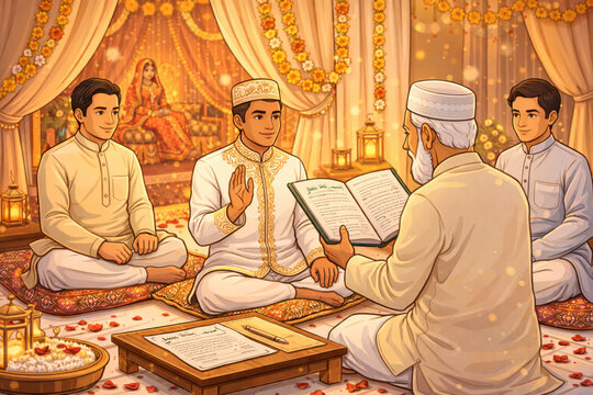Bangladeshi Muslim Wedding Nikah Ceremony, Groom with Imam and Witnesses Traditional Islamic Marriage Vector Illustration