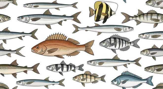 Seamless pattern design featuring an assortment of various realistic saltwater and freshwater fish species on a white background.