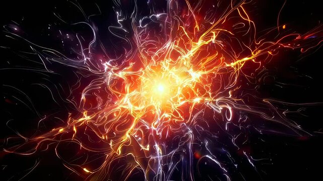 fiery plasma burst radiating tendrils outward, molten orange and white filaments crackle against dark void, intense release forms neural like energetic pattern and dynamic motion