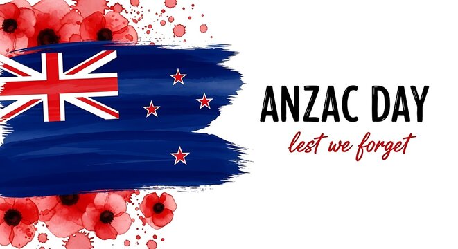 Anzac Day commemorative banner with New Zealand flag, lest we forget text and red poppy flowers, watercolor brush stroke national flag background
