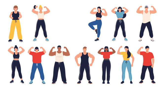 Diverse group of men and women in various fitness outfits and athletic wear flexing their muscles and striking bodybuilding poses in vector style.