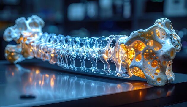 Detailed anatomical cross-section of the human spine showcasing intricate bone structure and illuminated vertebrae