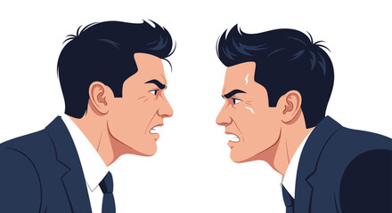 Obraz premium Two businessmen in dark blue suits and ties standing face to face while arguing with intense angry facial expressions and shouting.