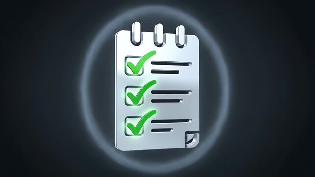 Clean Chrome Checklist Icon Animation With Green Checkmarks Appearing On A Dark Minimalist Studio Background With Soft Ambient Lighting And Subtle Shadows Presenting A Sense Of Completion And