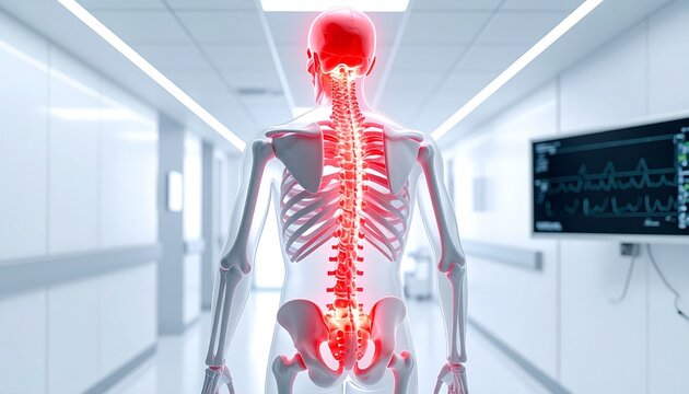 A digital medical illustration of a human figure highlighting skeletal structure, glowing red skull base and lower spine indicating pain, inflammation, nerve compression, or spinal injury.