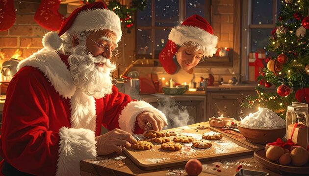 Santa and a helper baking Christmas cookies in a cozy kitchen scene, warm fire, decorated tree and presents