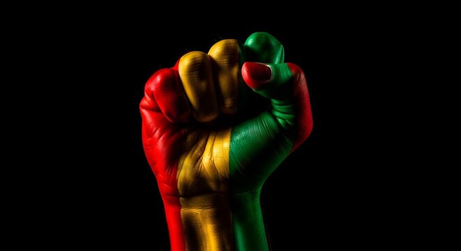A raised fist painted with the colors of the panafrican flag, red, yellow, and green, isolated against a solid black background
