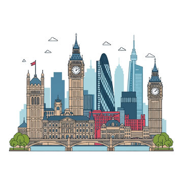 Flat vector illustration of the London skyline featuring Big Ben, the Palace of Westminster, Westminster Bridge, The Gherkin, and BT Tower against a white background.