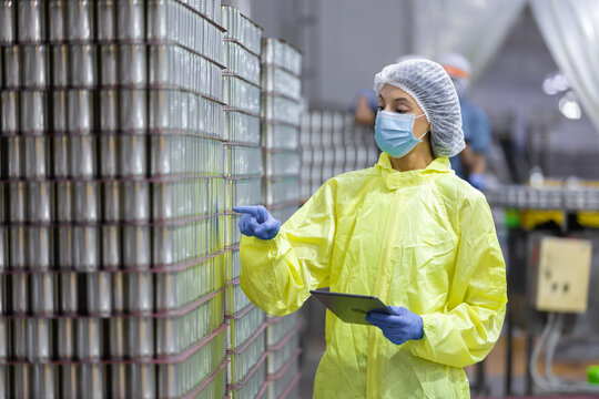 Quality control worker inspecting stacked canned fish products in seafood factory warehouse. Industrial food processing, packaging plant maintaining hygiene standards, export manufacturing compliance.
