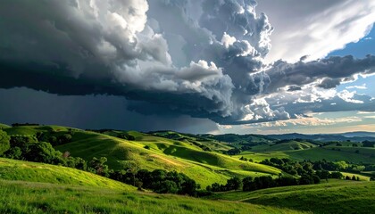 Obraz premium Dramatic storm clouds gather over lush green rolling hills and valleys under a moody sky