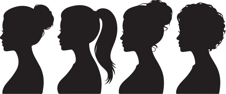 a sign of several female silhouettes in profile. vector on isolated background. turn. number. diversity young women for poster or text. elegant background as well.