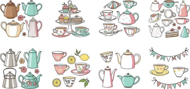 Vintage Tea Set Collection Featuring Teapots Cups Saucers and Floral Designs for Elegant Afternoon Tea Party Illustration and Kitchen Decor Graphics