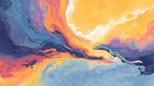 Abstract fluid acrylic paint swirl marble texture background in vibrant orange blue and purple tones, flowing wave pattern with glossy pigment, modern art backdrop for design, energetic mood