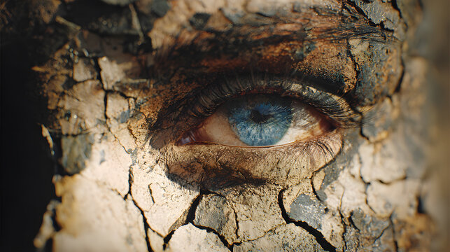 Blue eye cracked skin clay texture macro drought dehydration climate change concept, extreme dryness on human face with flaking earth pattern, sharp iris detail, dramatic light, survival