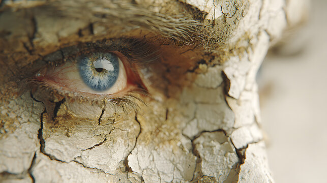 Eye blue crack clay skin face closeup texture drought dehydration concept portrait with eyelid under cracked mud, harsh light, climate change, dryness, survival mood